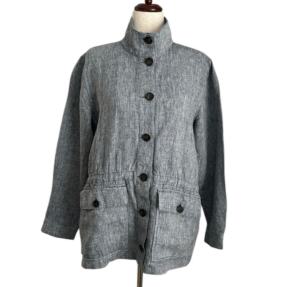 Land's End Women’s Linen Button Down Jacket in Indigo Front Pockets Size Large